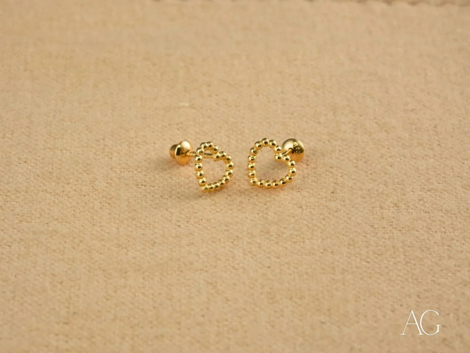 Golden Bead Heart: 18k Gold Heart Earrings with Beaded Stud Design