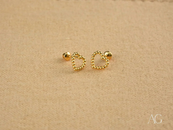 Golden Bead Heart: 18k Gold Heart Earrings with Beaded Stud Design