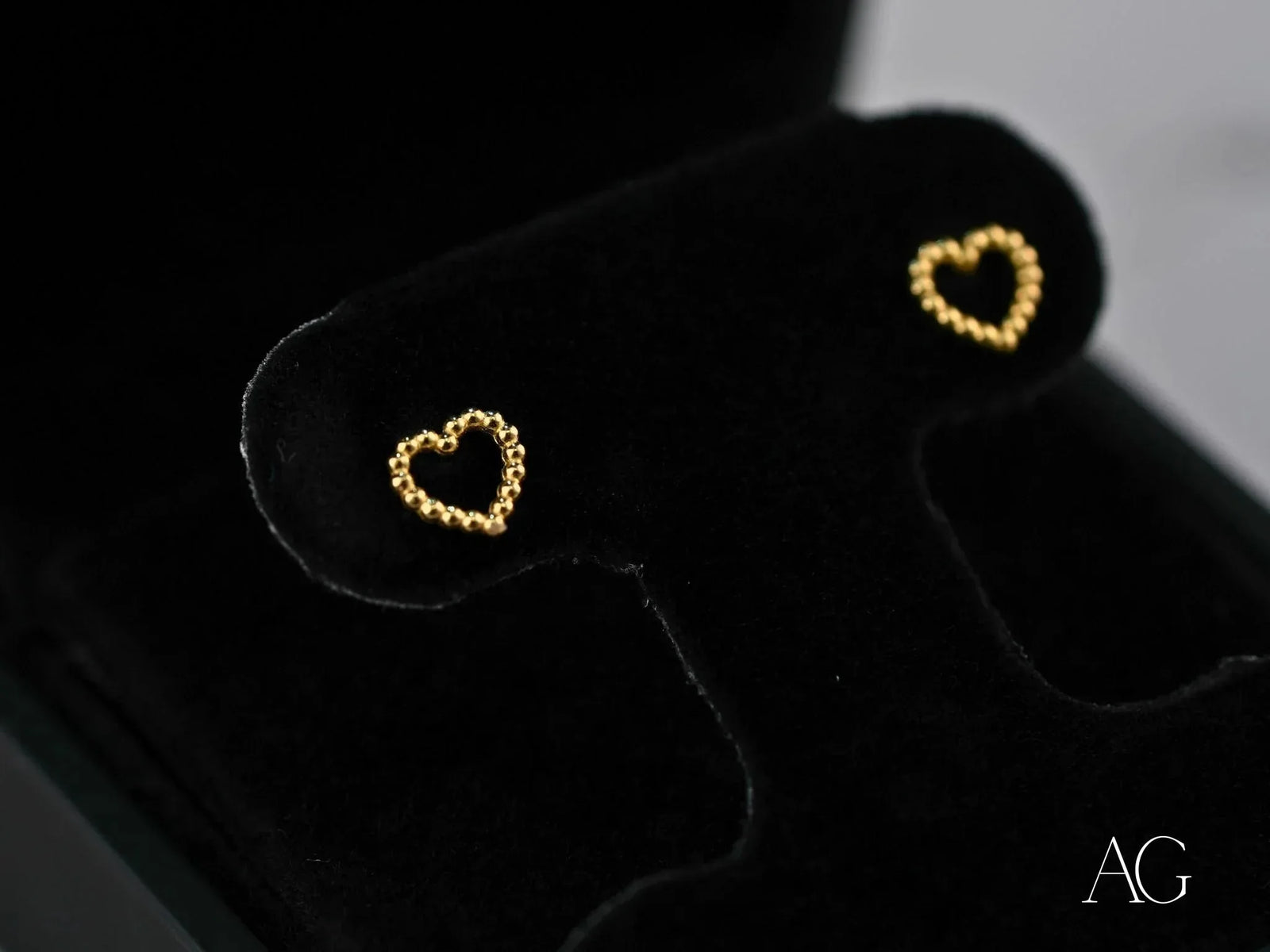Golden Bead Heart: 18k Gold Heart Earrings with Beaded Stud Design