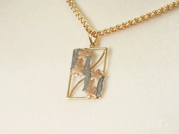 Golden Bloom flowers pendant in art gold jewelry with rose gold floral accents