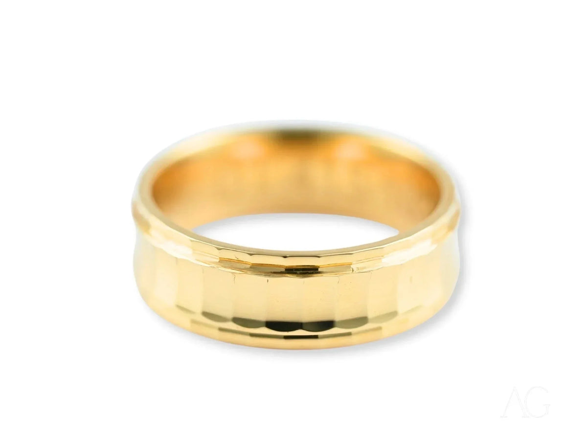 Polished Golden Cascade wedding band with faceted art gold jewelry design