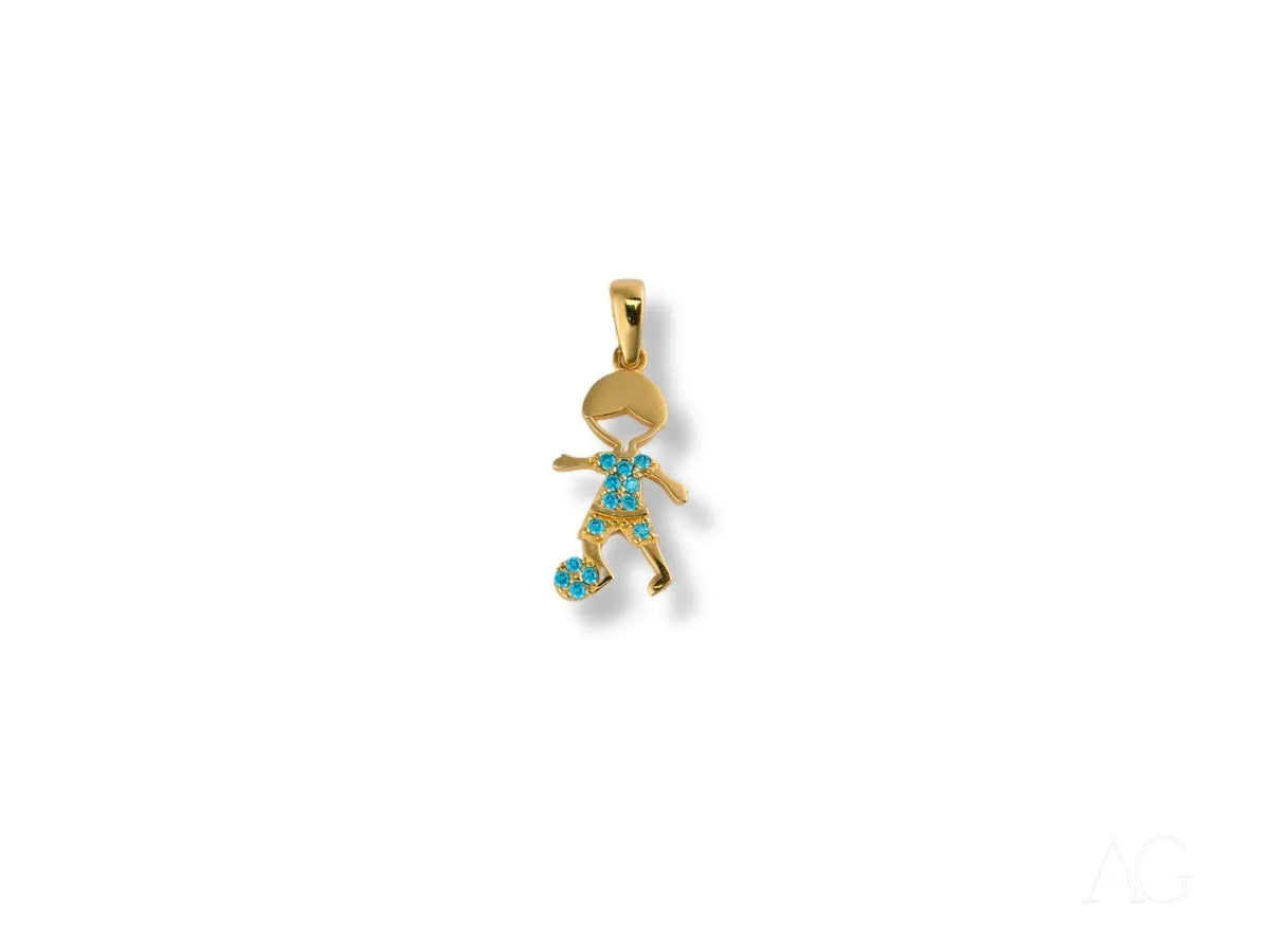 18k solid gold boy soccer pendant with blue gems, golden charm