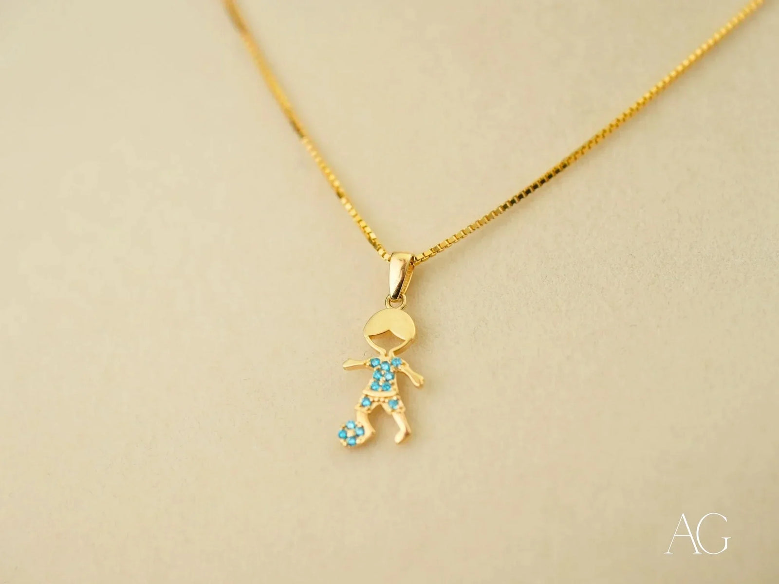 Golden charm 18k solid gold boy soccer pendant with blue gemstones