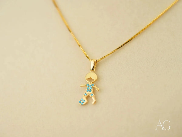 Golden charm 18k solid gold boy soccer pendant with blue gemstones