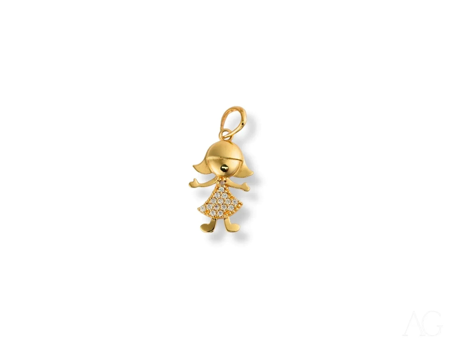Golden charm doll pendant in girl design with diamond-accented dress