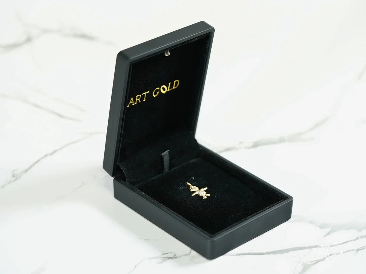 Golden Cherub Pendant in black jewelry box, 18k solid gold mini charm