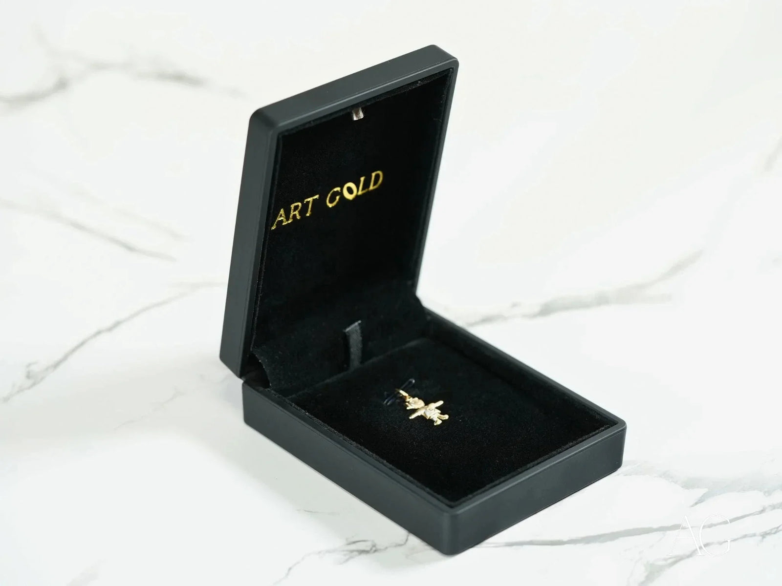 Golden Cherub Pendant in black jewelry box, 18k solid gold mini charm