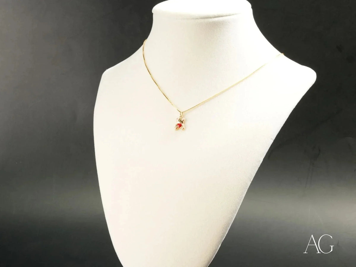 Golden Cub Bear Pendant in Art Gold Jewelry with Red Gem