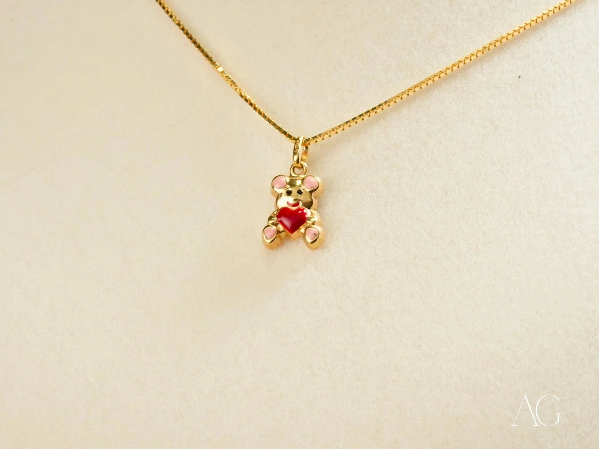 Golden Cub Bear Pendant in Art Gold Jewelry with Red Heart
