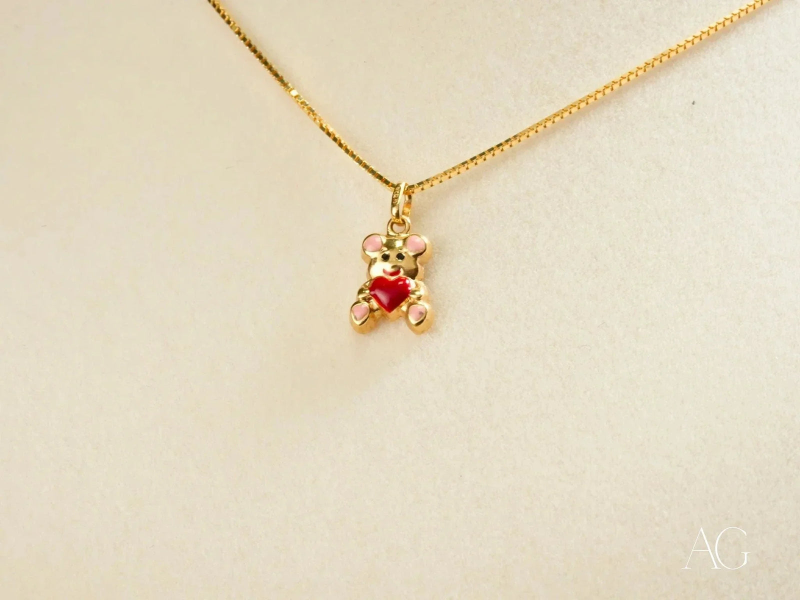Golden Cub Bear Pendant in Art Gold Jewelry with Red Heart