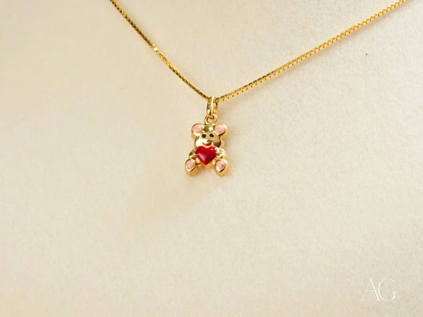 Golden Cub Bear Pendant in Art Gold Jewelry with Red Heart