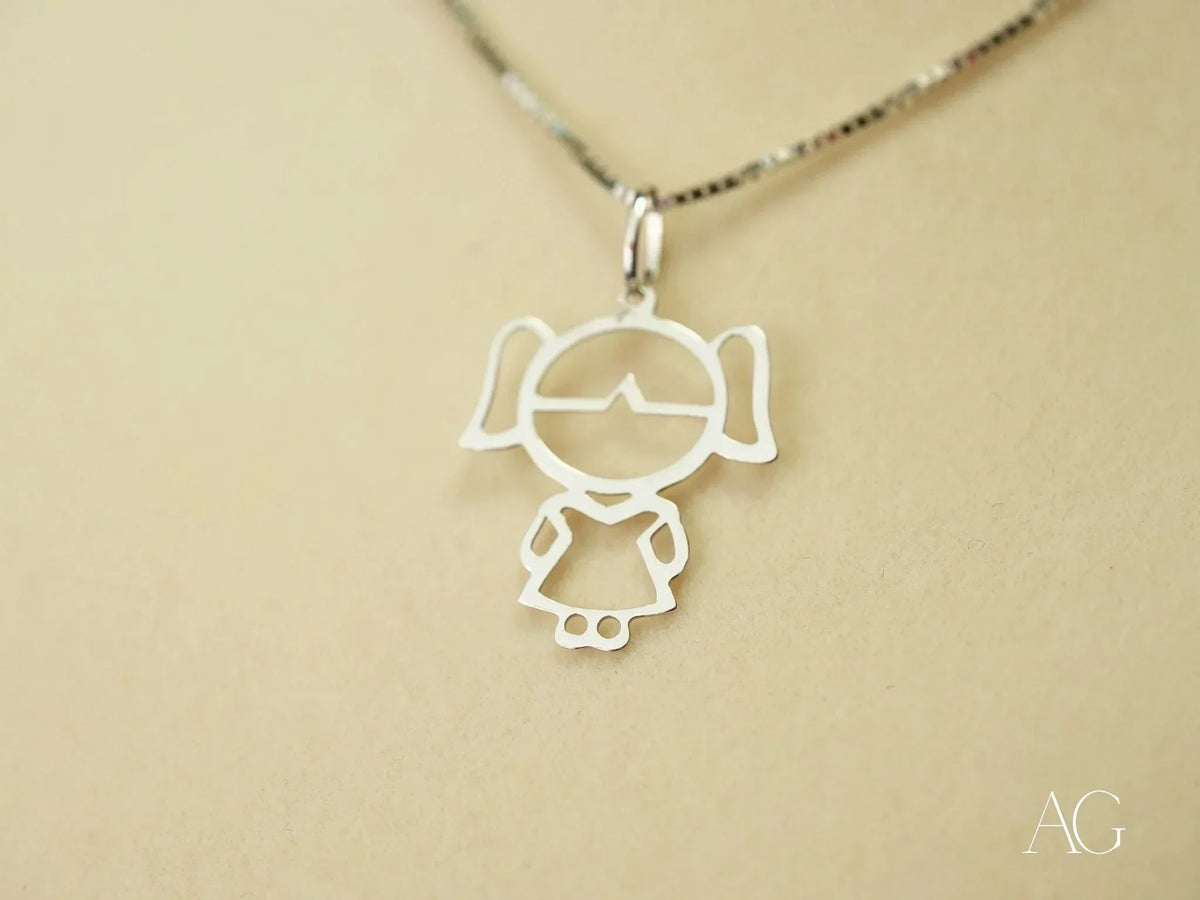 18k yellow gold doll girl pendant with silver girl on delicate chain