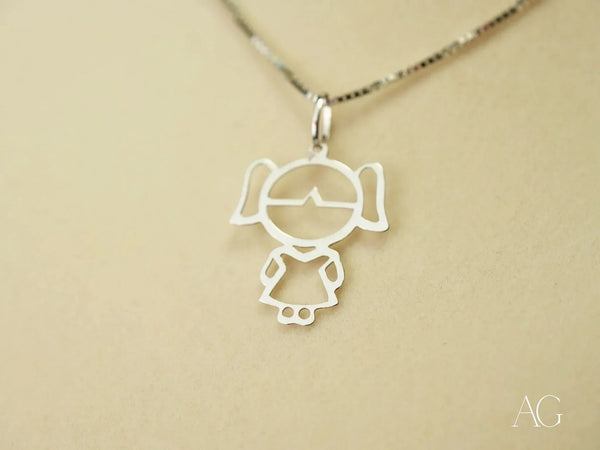 18k yellow gold doll girl pendant with silver girl on delicate chain