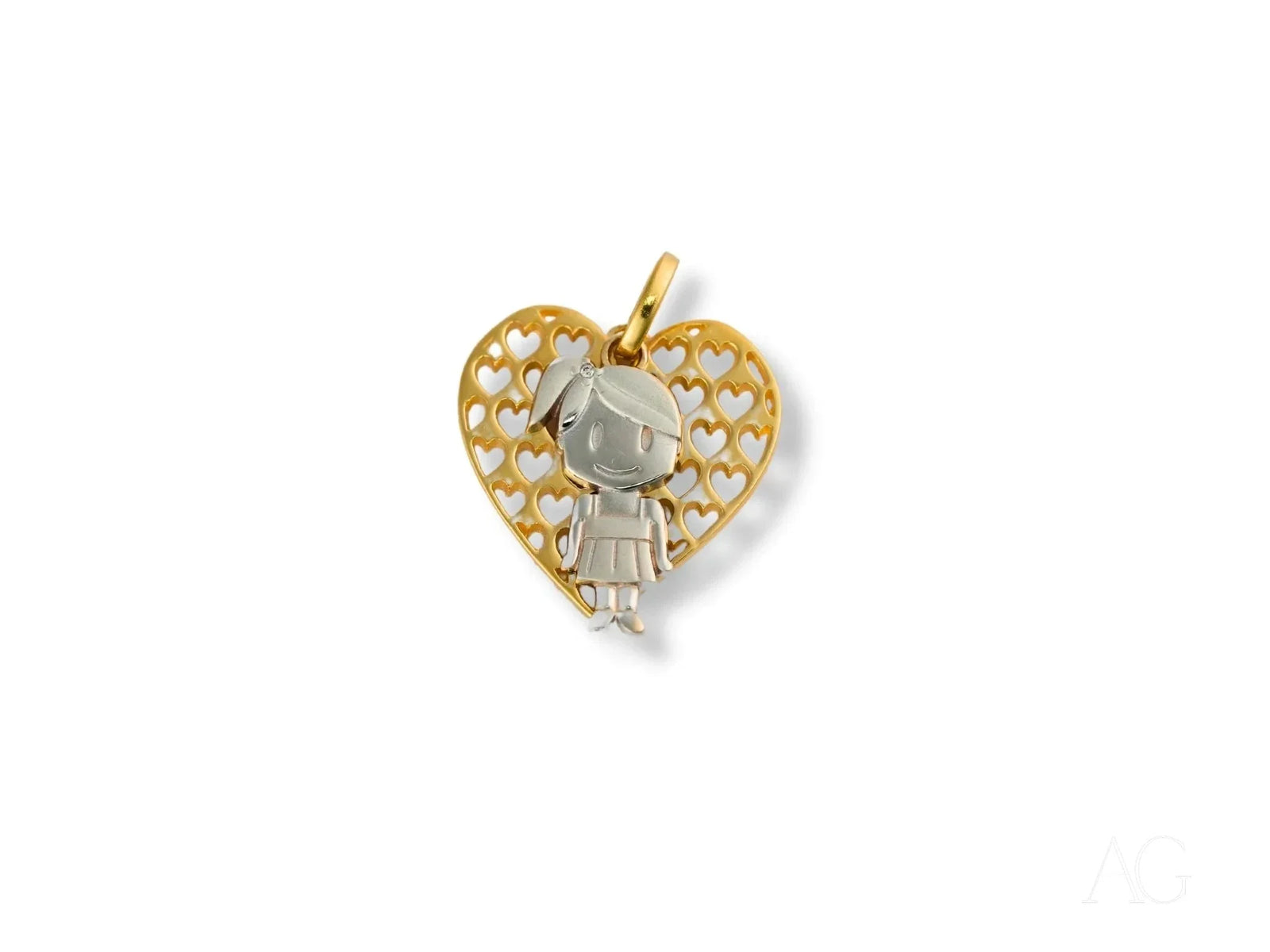 Golden Elegance 18k solid gold heart pendant with cut-out girl figure