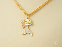 18k solid gold necklace with Golden Elegance pendant of textured girl in two-tone dress