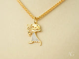 18k solid gold necklace with Golden Elegance pendant of textured girl in two-tone dress