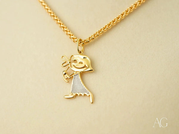 18k solid gold necklace with Golden Elegance pendant of textured girl in two-tone dress