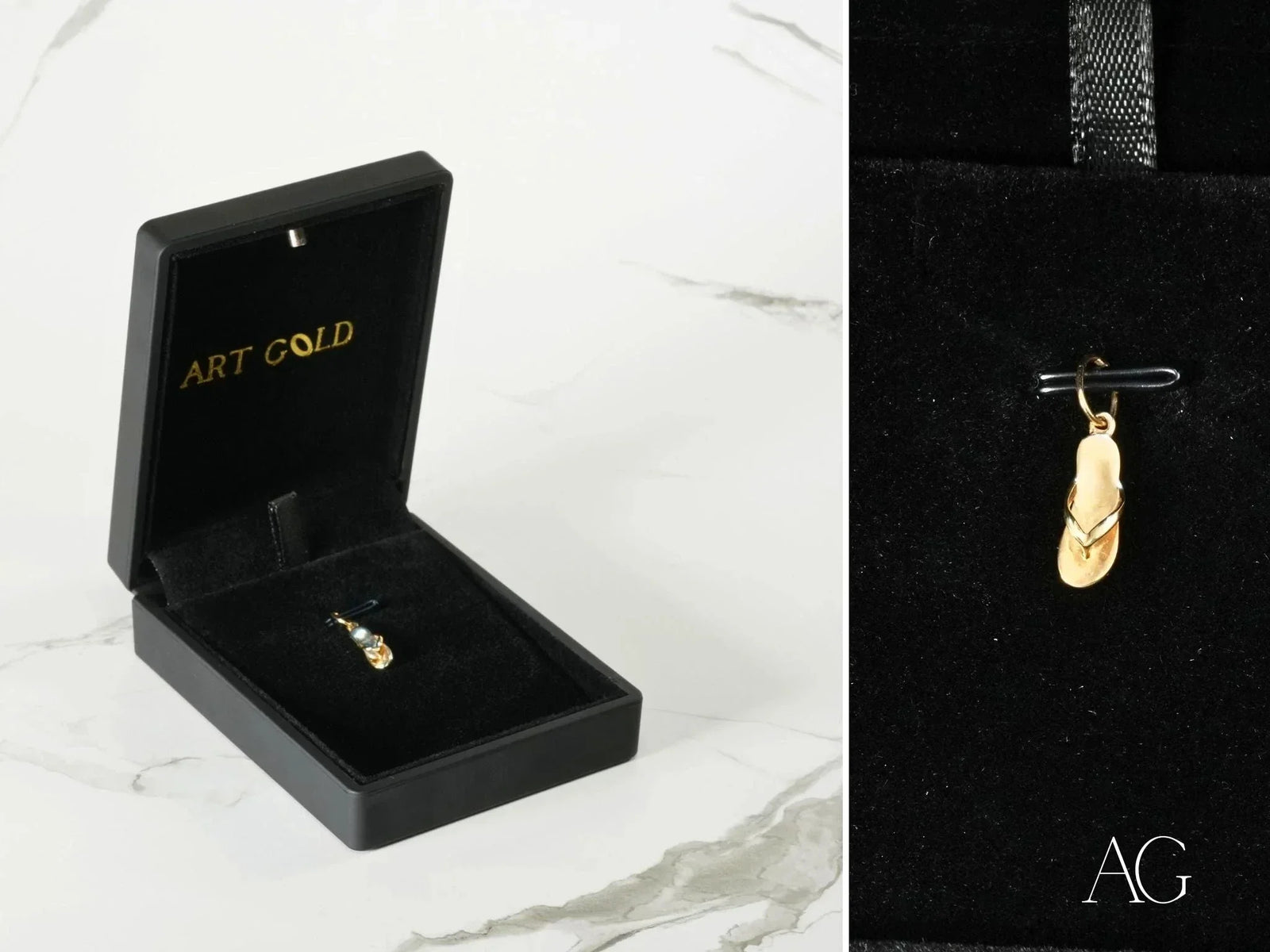 Golden flip flop pendant: two art gold jewelry charms, one in box, one hanging