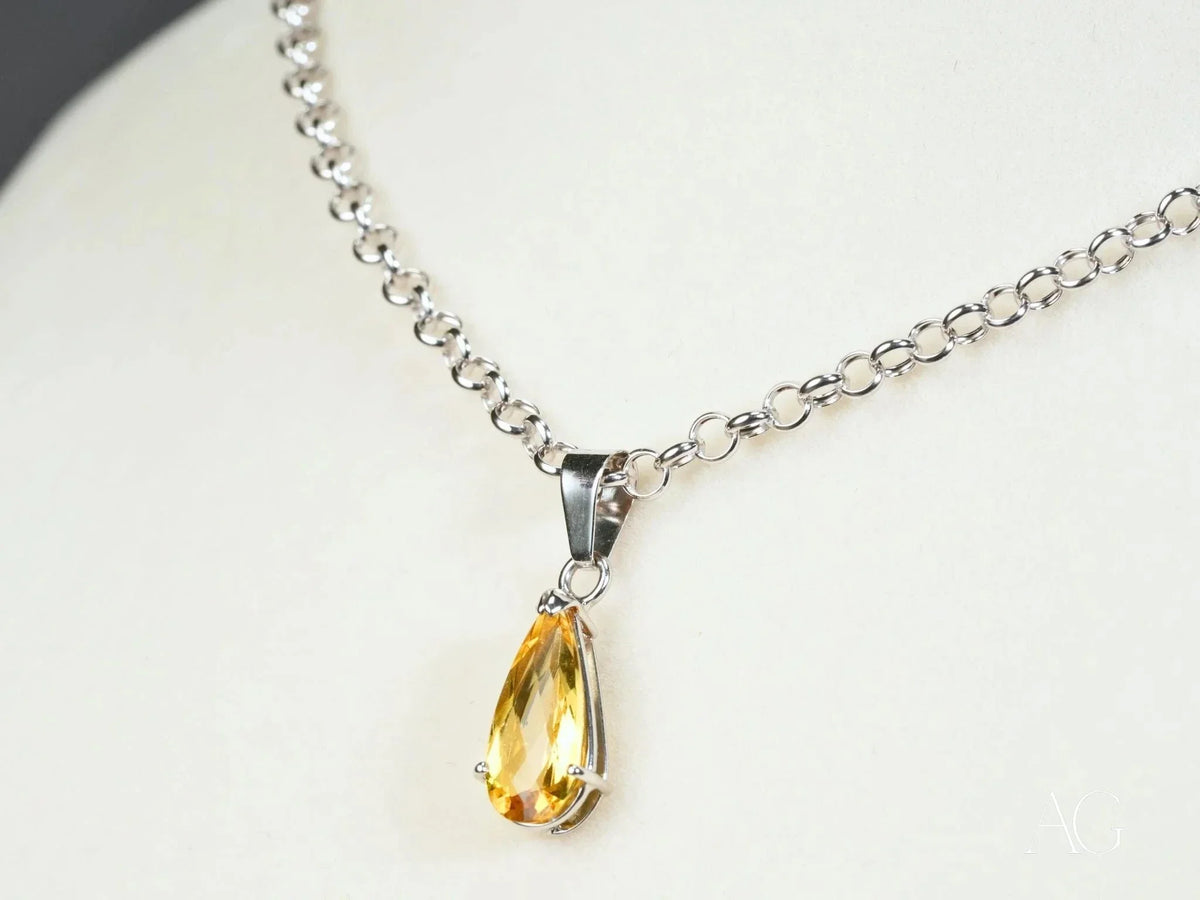 Golden Glow Citrine Pendant: 18k white gold silver chain with teardrop yellow gem