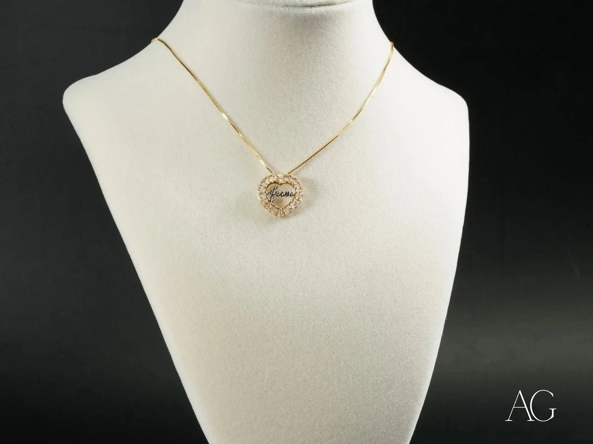 Golden Grace Jesus pendant: art gold jewelry with heart-shaped diamond