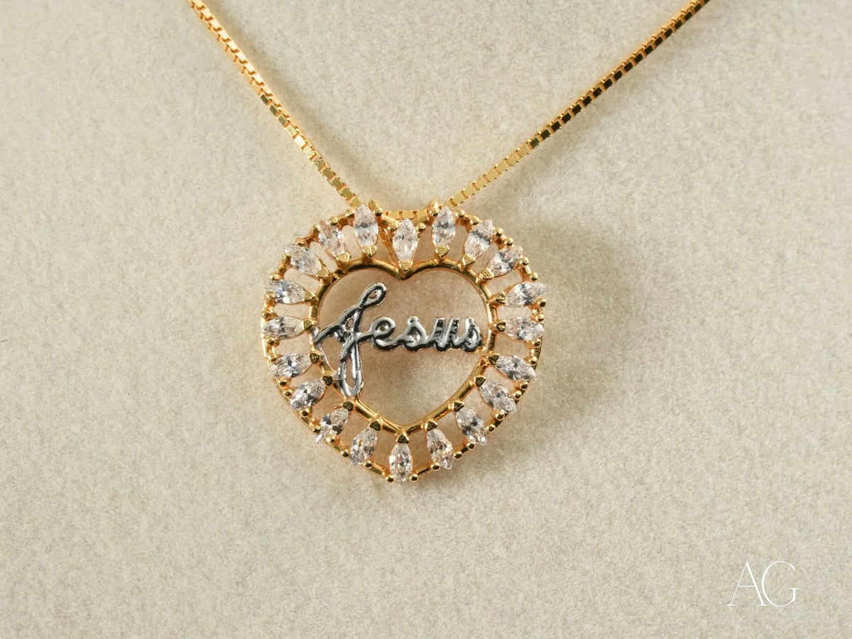 Golden Grace Jesus Pendant: Gold Heart with Gemstones and Jesus Inscription