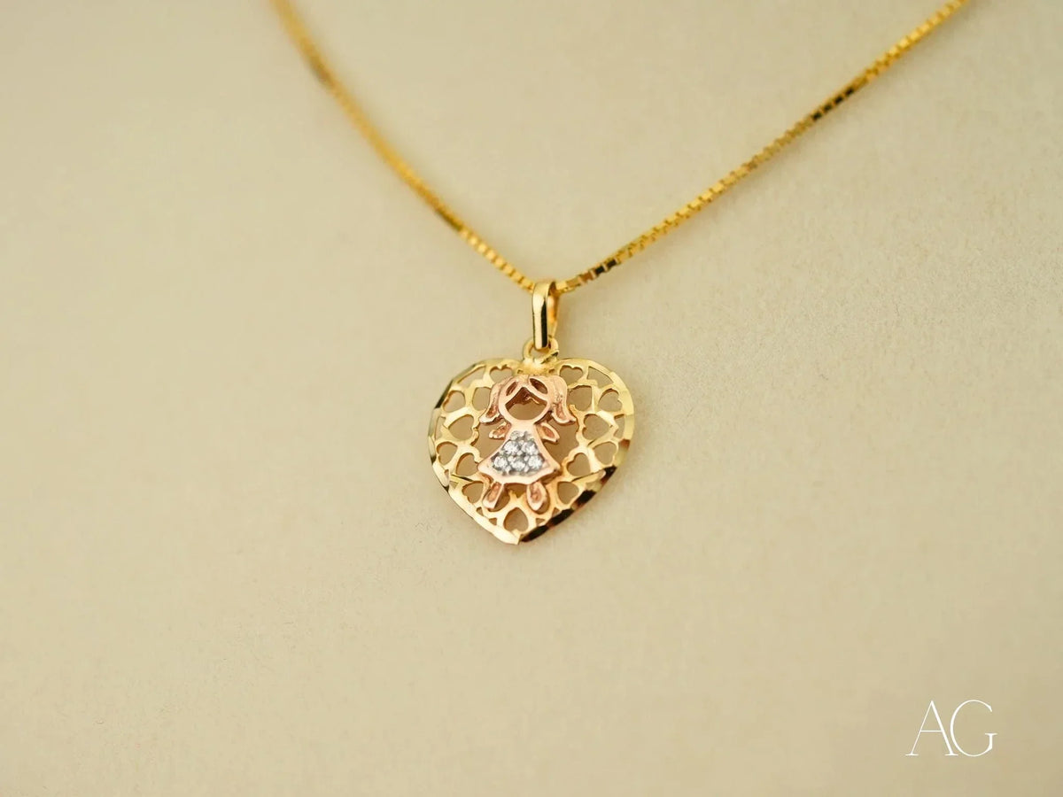 Golden H Doll gold doll pendant with heart, cutout girl, diamond accent