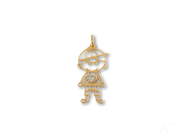 18k solid gold heart boy pendant with pavé CZ heart and boy in cap, overalls
