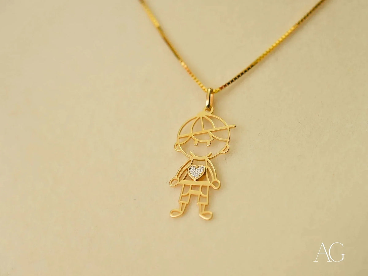18k solid gold heart boy pendant with diamond-studded heart on chain