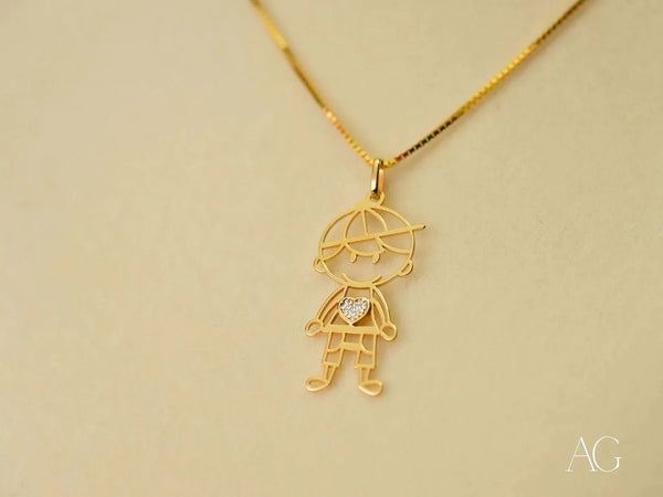 18k solid gold heart boy pendant with diamond-studded heart on chain