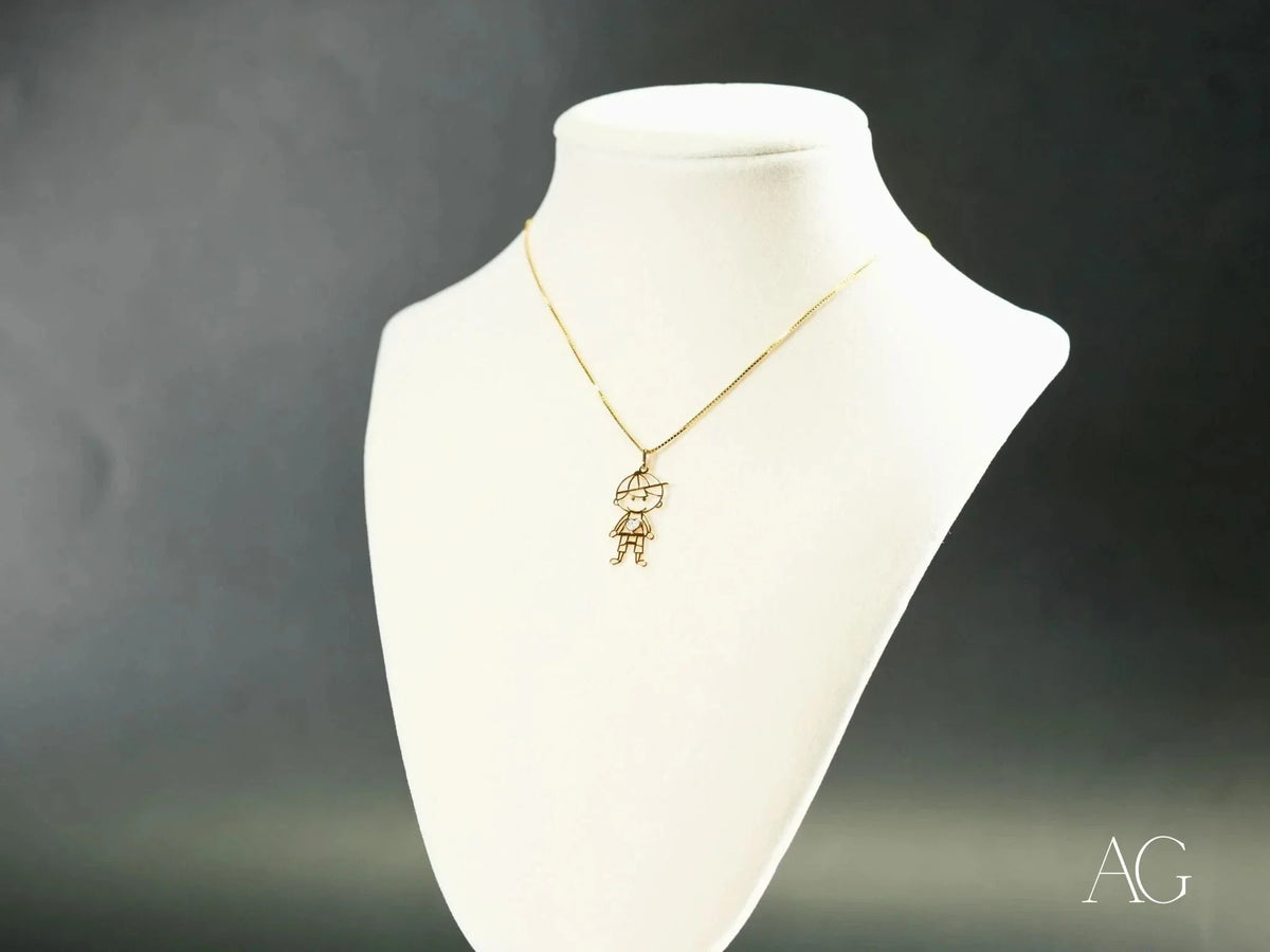 18k solid gold heart boy pendant with gold-tone necklace and CZ charm