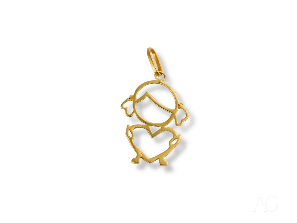 18k Gold Heart Doll Pendant: Girl Holding Heart Outline