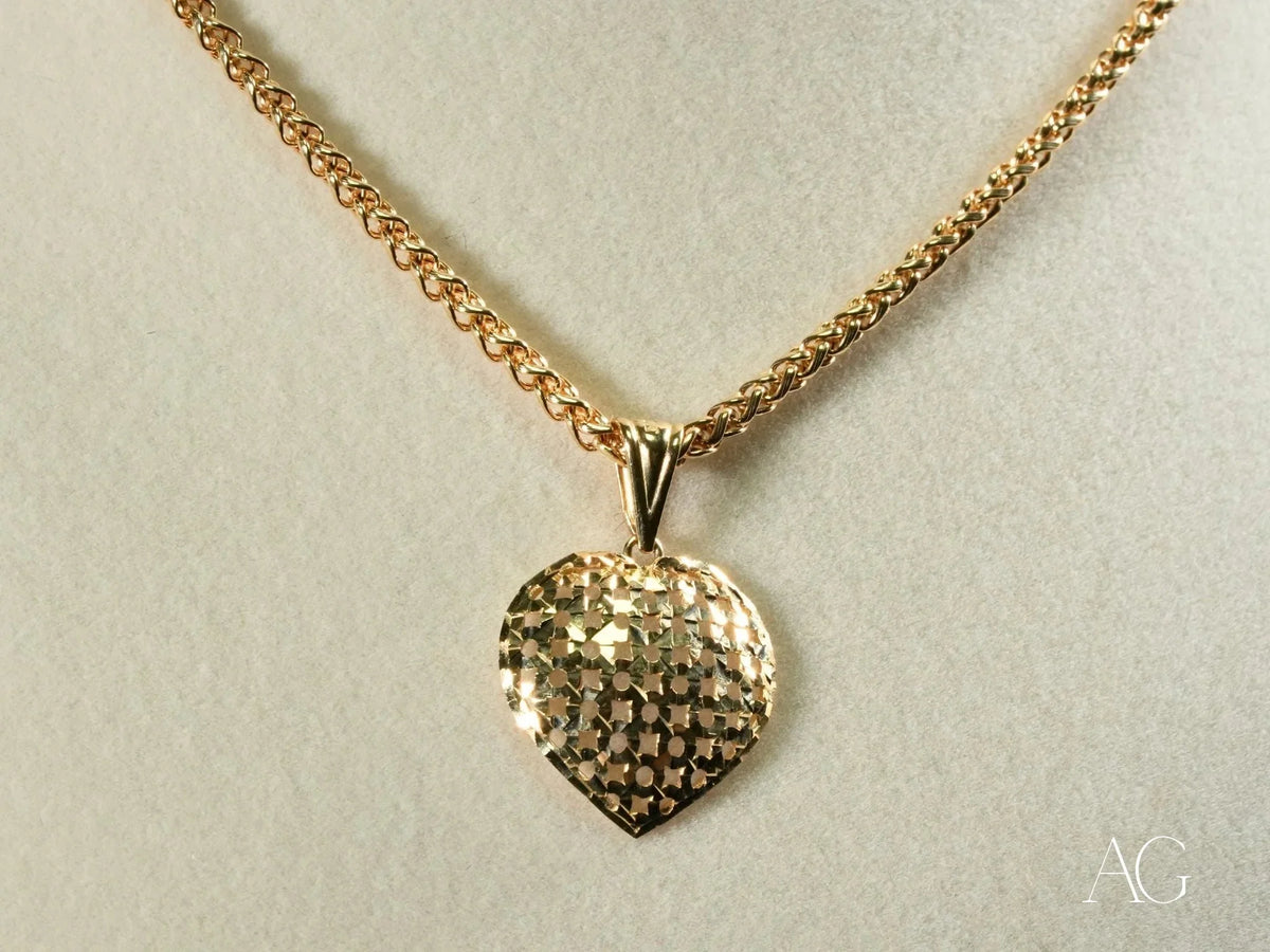 Golden Heart Pendant: 18k Solid Gold Necklace with Textured Heart