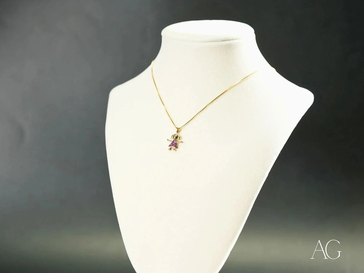Golden love pendant with girl-shaped 18k solid gold chain and pink stones