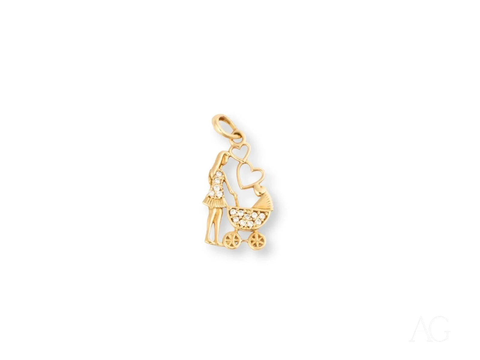 18k solid gold mom pendant with mother stroller and heart accents