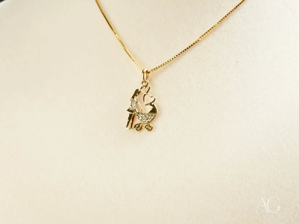Golden Love CZ Mom Pendant in 18k solid gold with mother and stroller motif