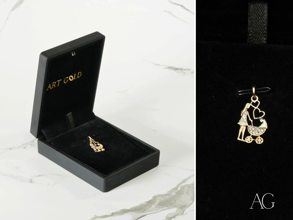 18k solid gold mom pendant with CZ woman pushing stroller