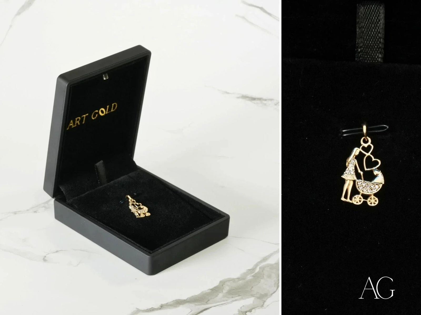 18k solid gold mom pendant with CZ woman pushing stroller