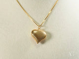 Shiny 18k solid gold heart pendant with diamond-cut texture on chain