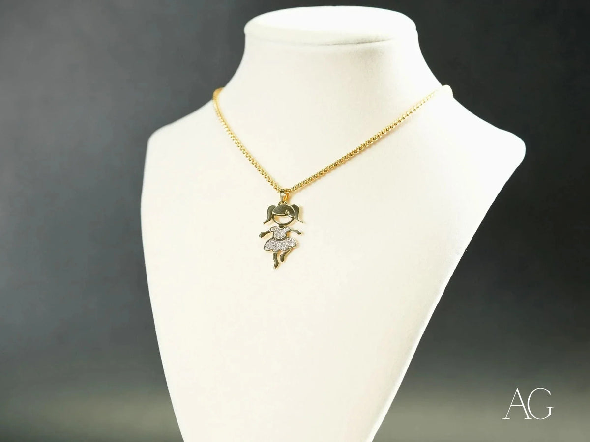 Golden Moments 18k gold girl dancing pendant with white stones