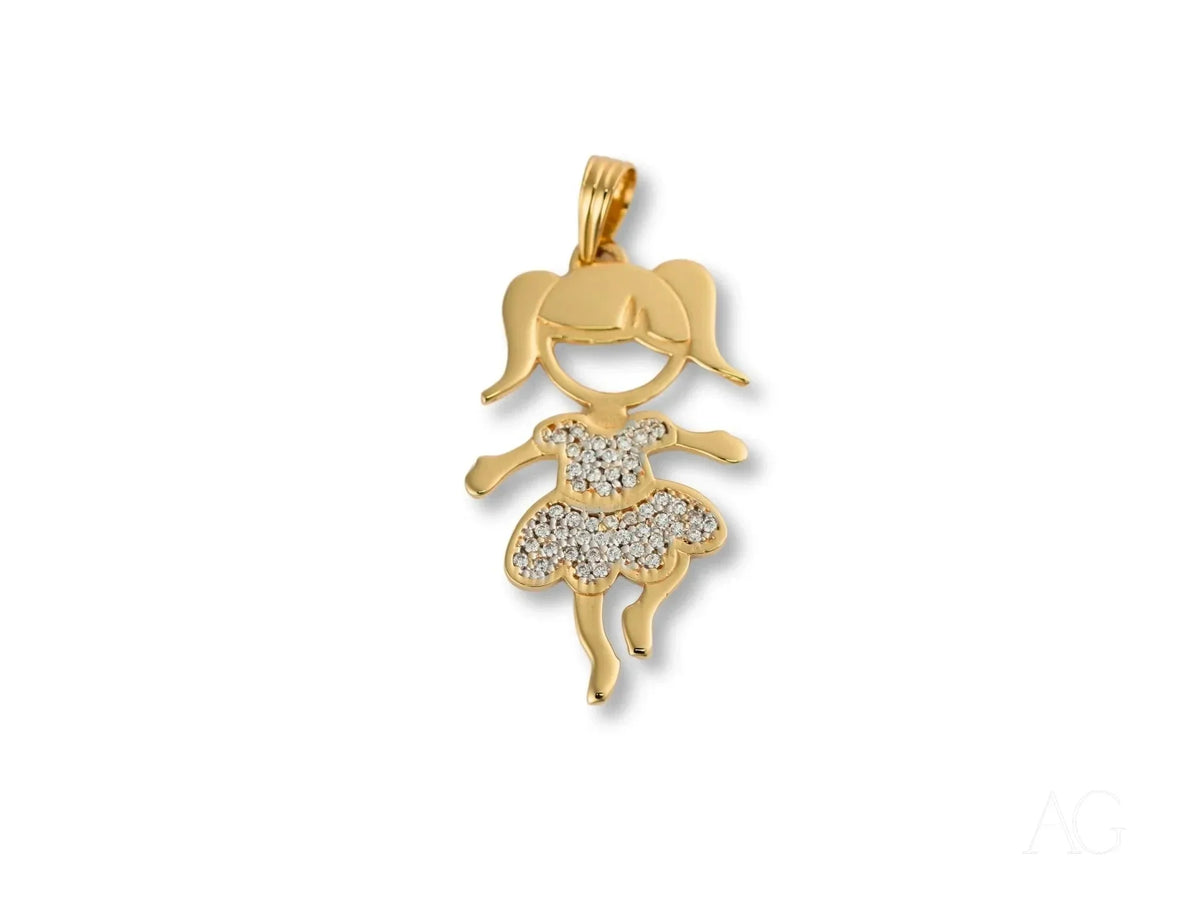 Golden Moments 18k gold CZ girl dancing pendant with gemstone dress