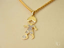 Golden Moments 18k gold CZ boy with ball pendant, art gold jewelry