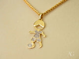 Golden Moments 18k gold CZ boy with ball pendant, art gold jewelry