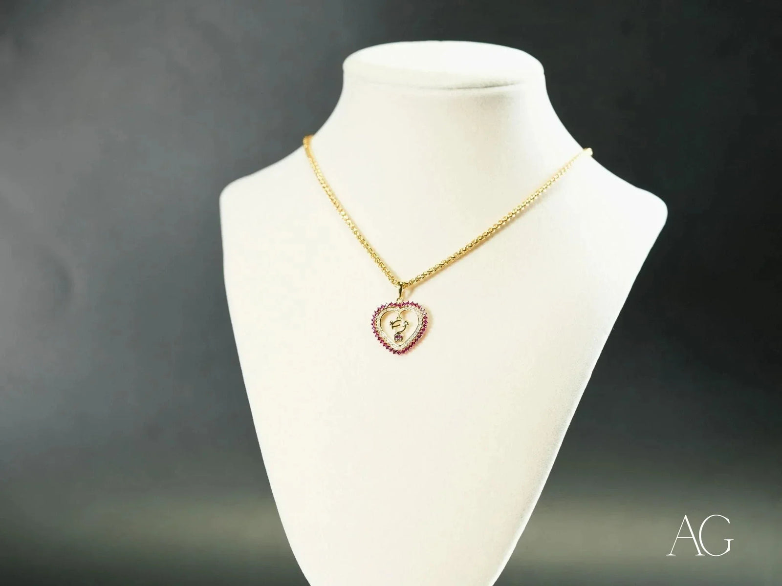 Golden Passion 18k gold red CZ heart pendant with question mark