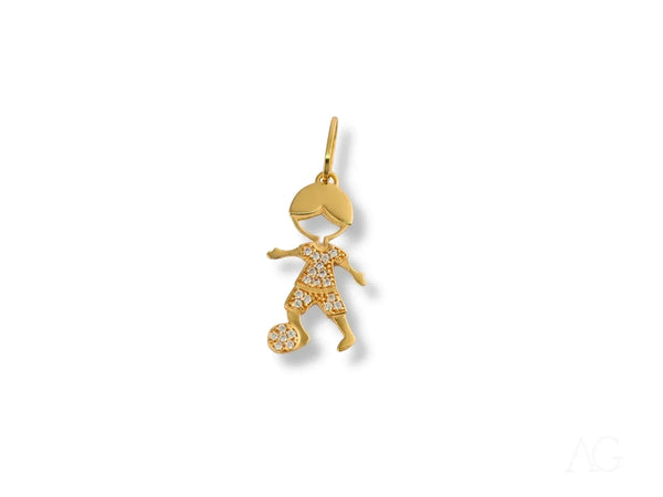 18k solid gold boy with ball pendant, golden play charm with CZ accents
