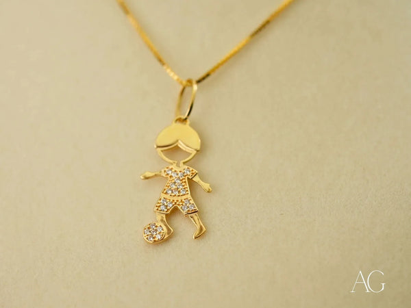 Golden Play 18k solid gold soccer boy with ball pendant, diamond accents