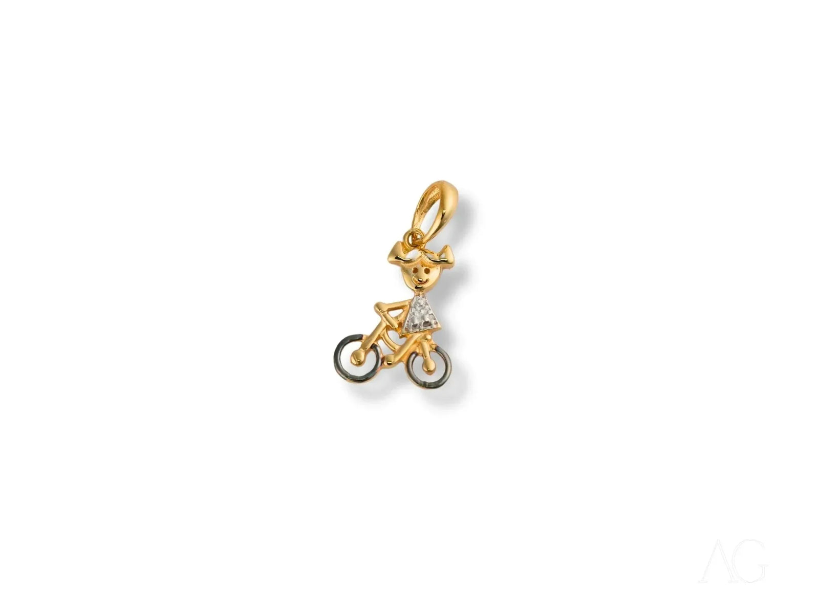 18k solid gold Golden Ride Pendant with diamond-accented bicycle doll
