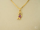 18k solid gold Golden Ruby Doll pendant with ruby CZ girl in purple dress