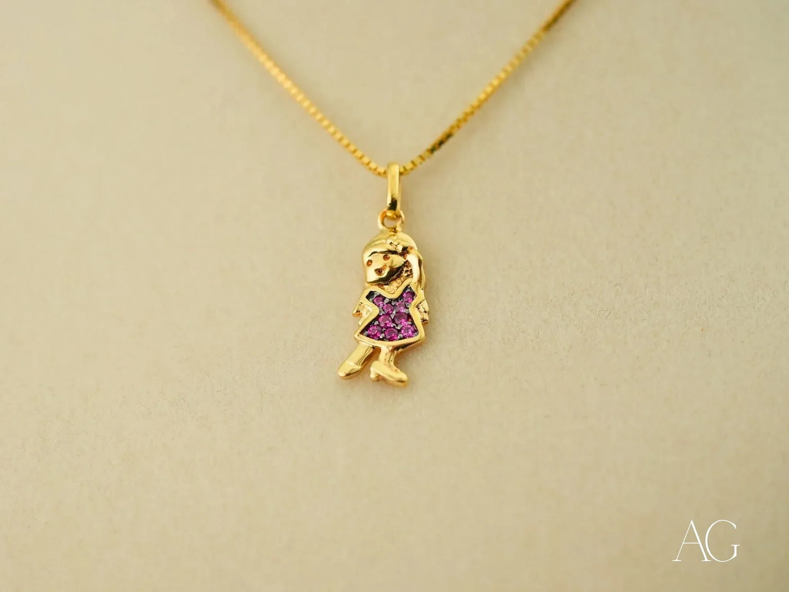 18k solid gold Golden Ruby Doll pendant with ruby CZ girl in purple dress
