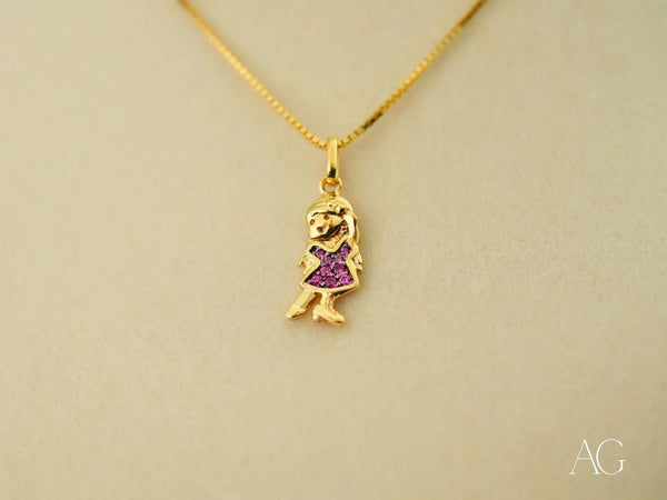 18k solid gold Golden Ruby Doll pendant with ruby CZ girl in purple dress