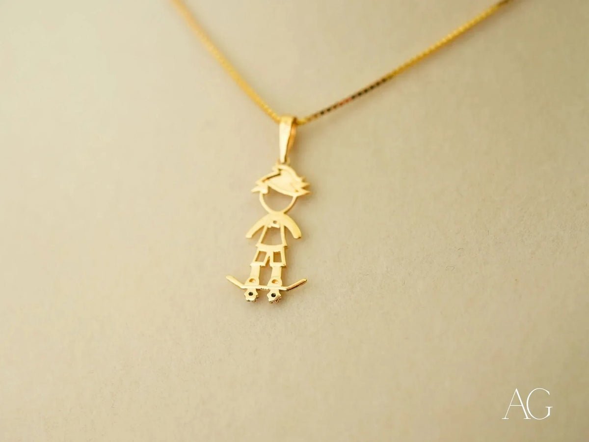 Golden Skater pendant: 18k solid gold boy on skateboard